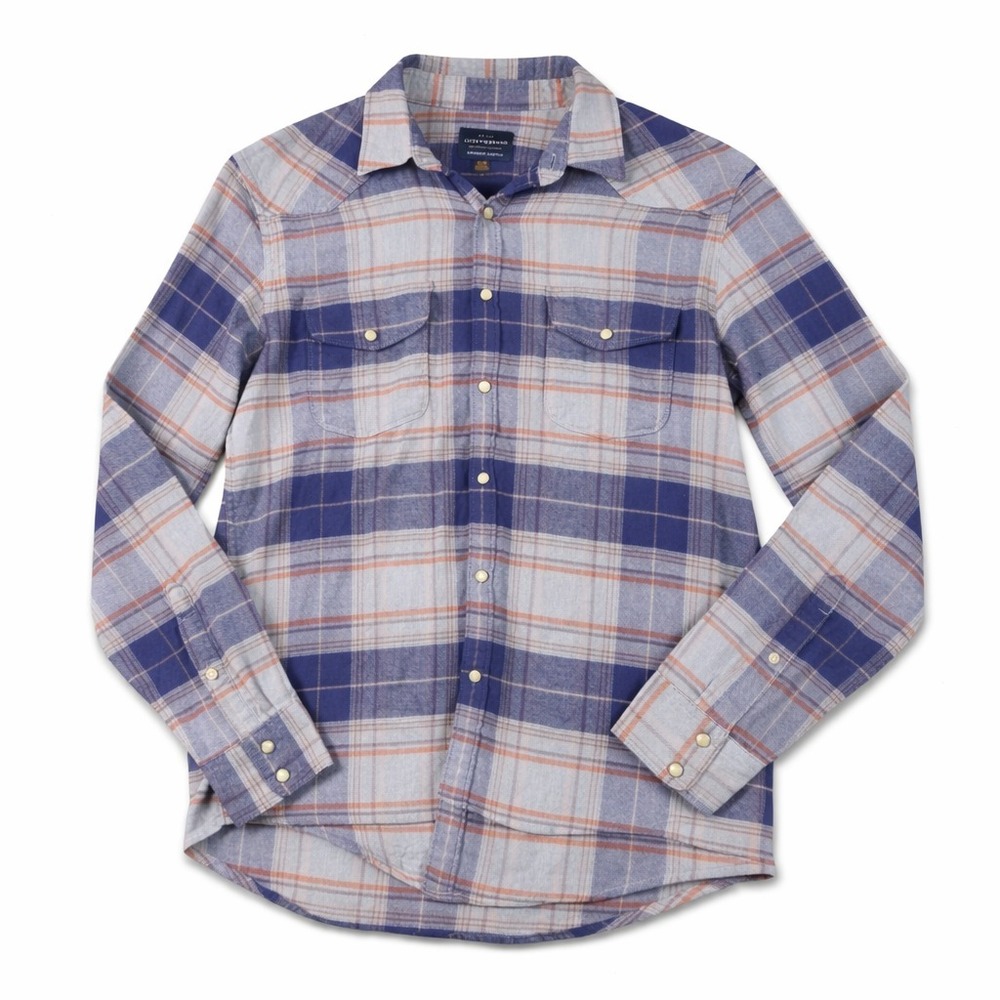 Lucky Brand Saturday Stretch Western Shirt Mens Medium Blue Plaid Pearl Snap